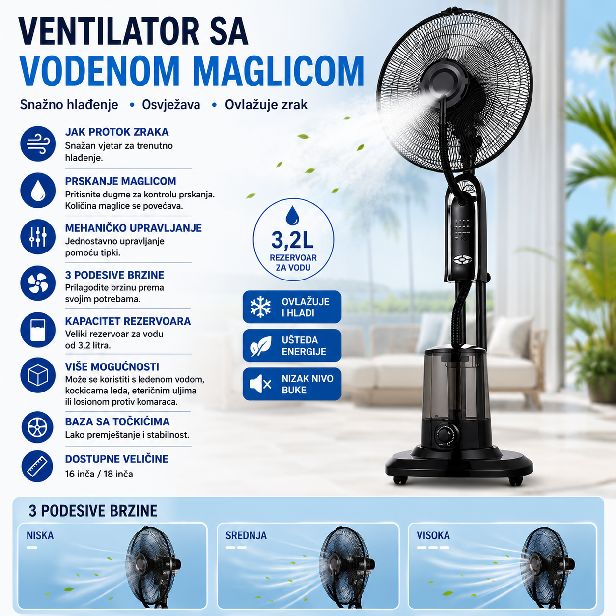 Podni Ventilator sa Vodenom Maglom i Daljinskim Upravljačem
