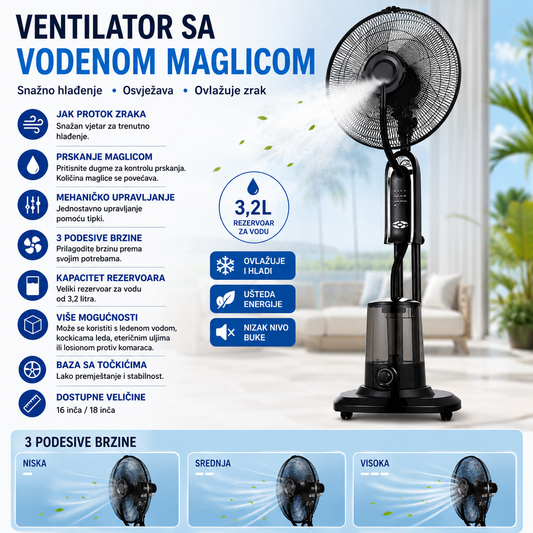 Podni Ventilator sa Vodenom Maglom i Daljinskim Upravljačem