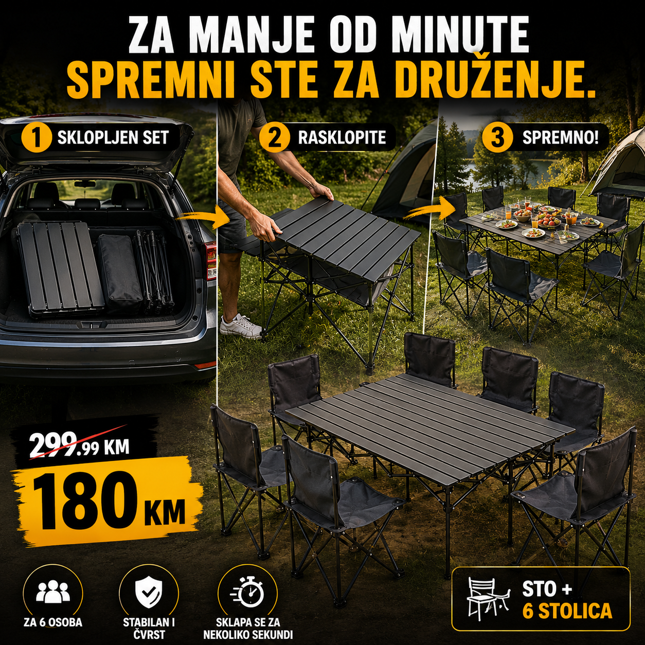 Premium Sklopivi Set 120 cm – Sto + 6 Stolica
