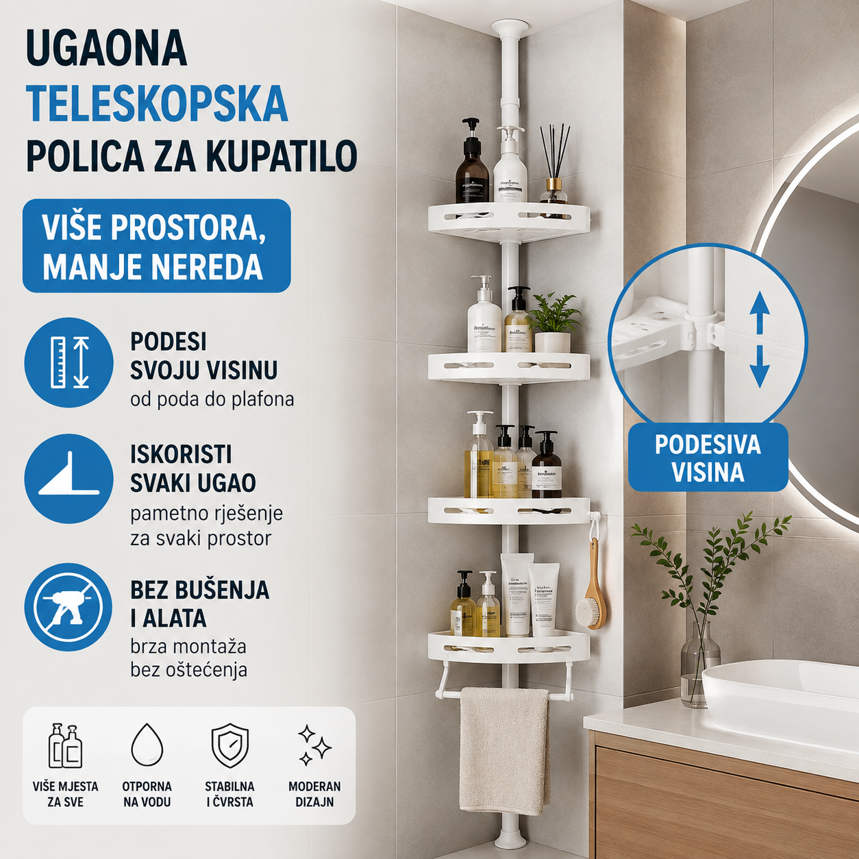 Ugaona Teleskopska Polica za Kupatilo