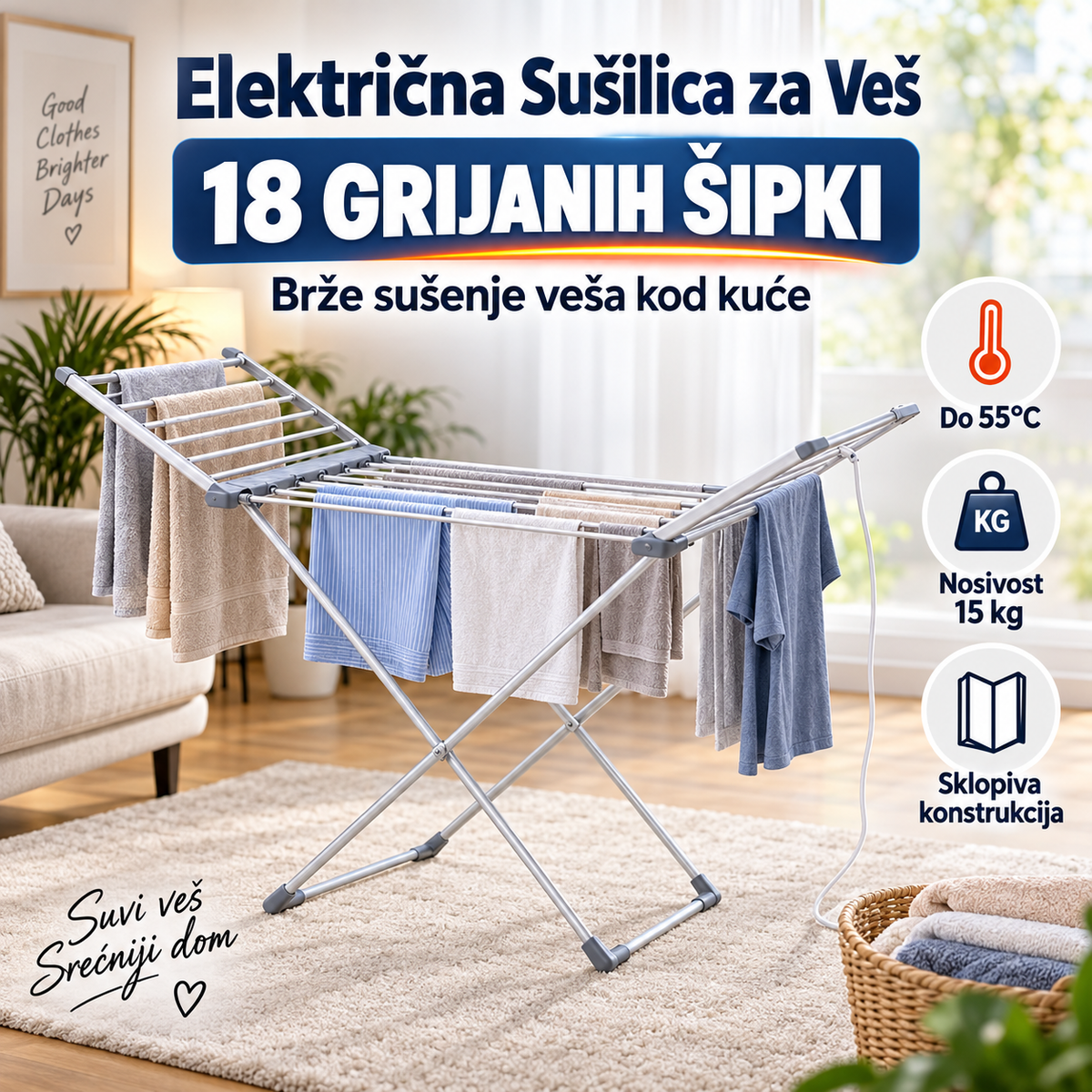 Električna Sušilica za Veš – 18 Grijanih Šipki