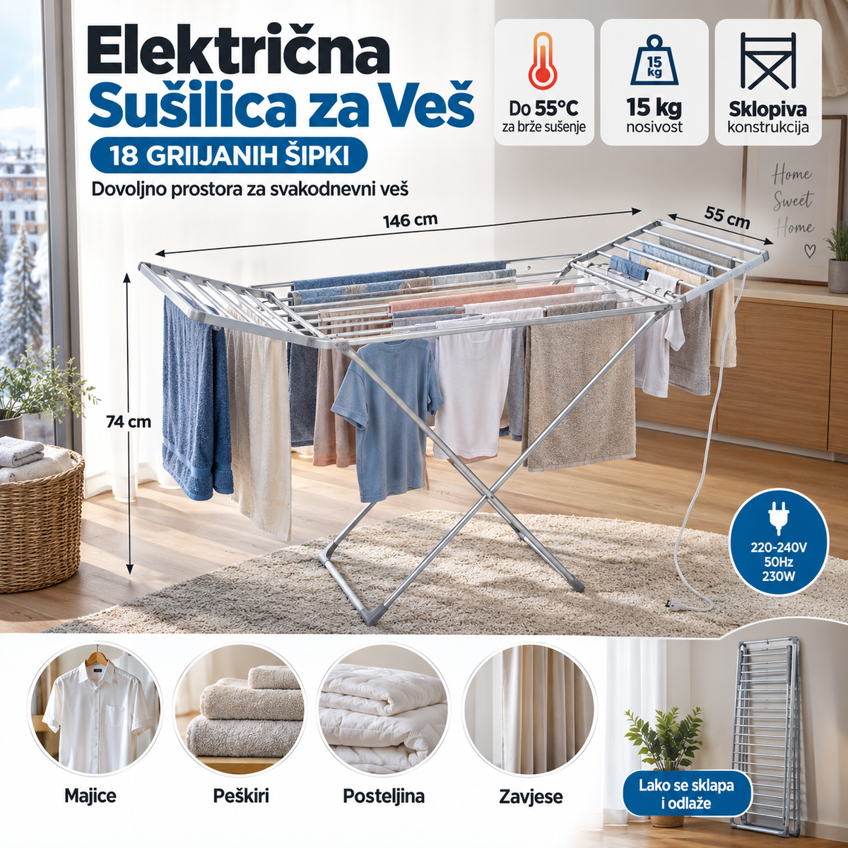 Električna Sušilica za Veš – 18 Grijanih Šipki