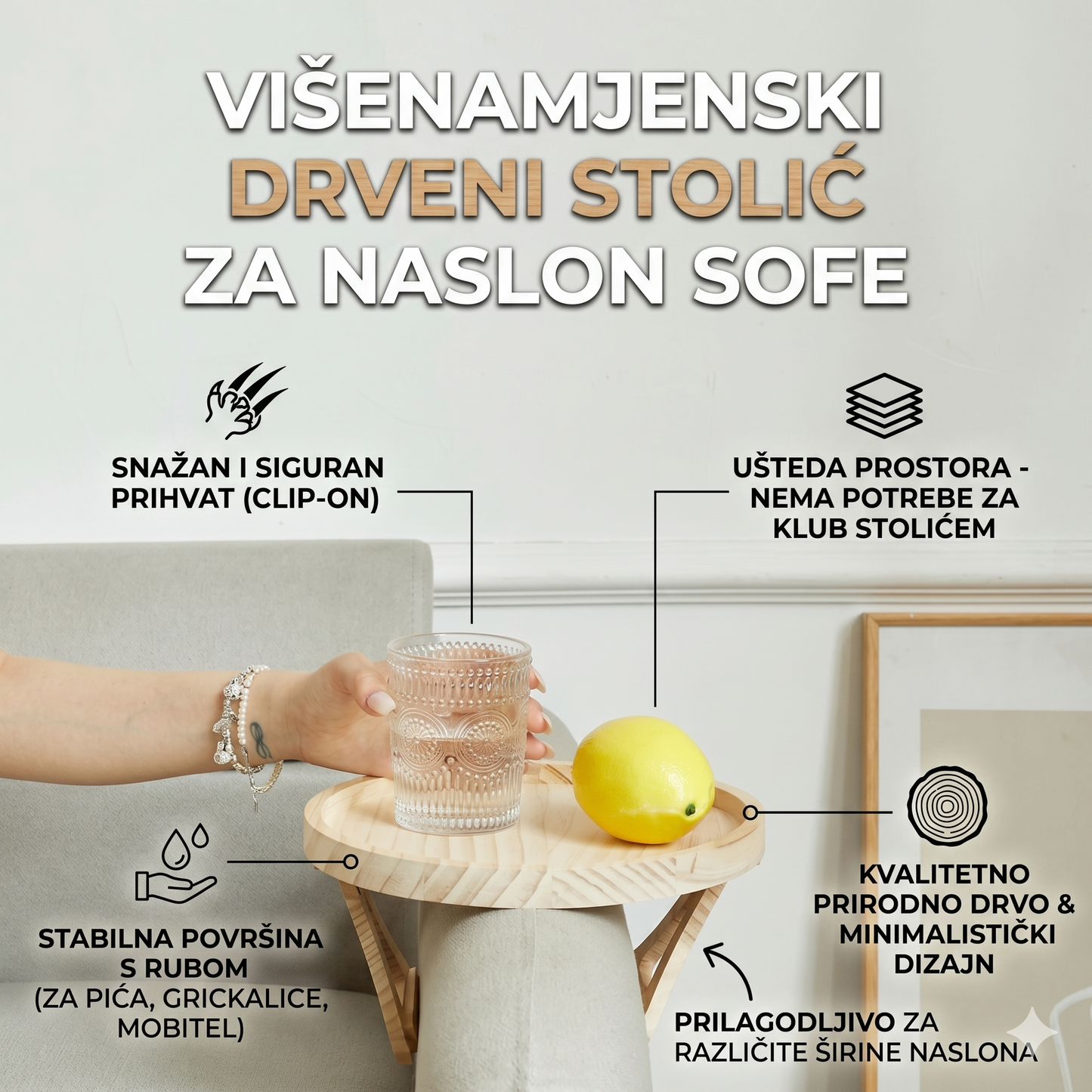 Višenamjenski Drveni Stolić za Naslon Sofe
